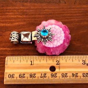 Pink dyed druzy agate blue topaz and quartz pendant sun burst silver